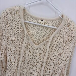 Dylan Crochet Knit‎ Sweater Women Medium Cream Excellent Boho Tassel V-Neck